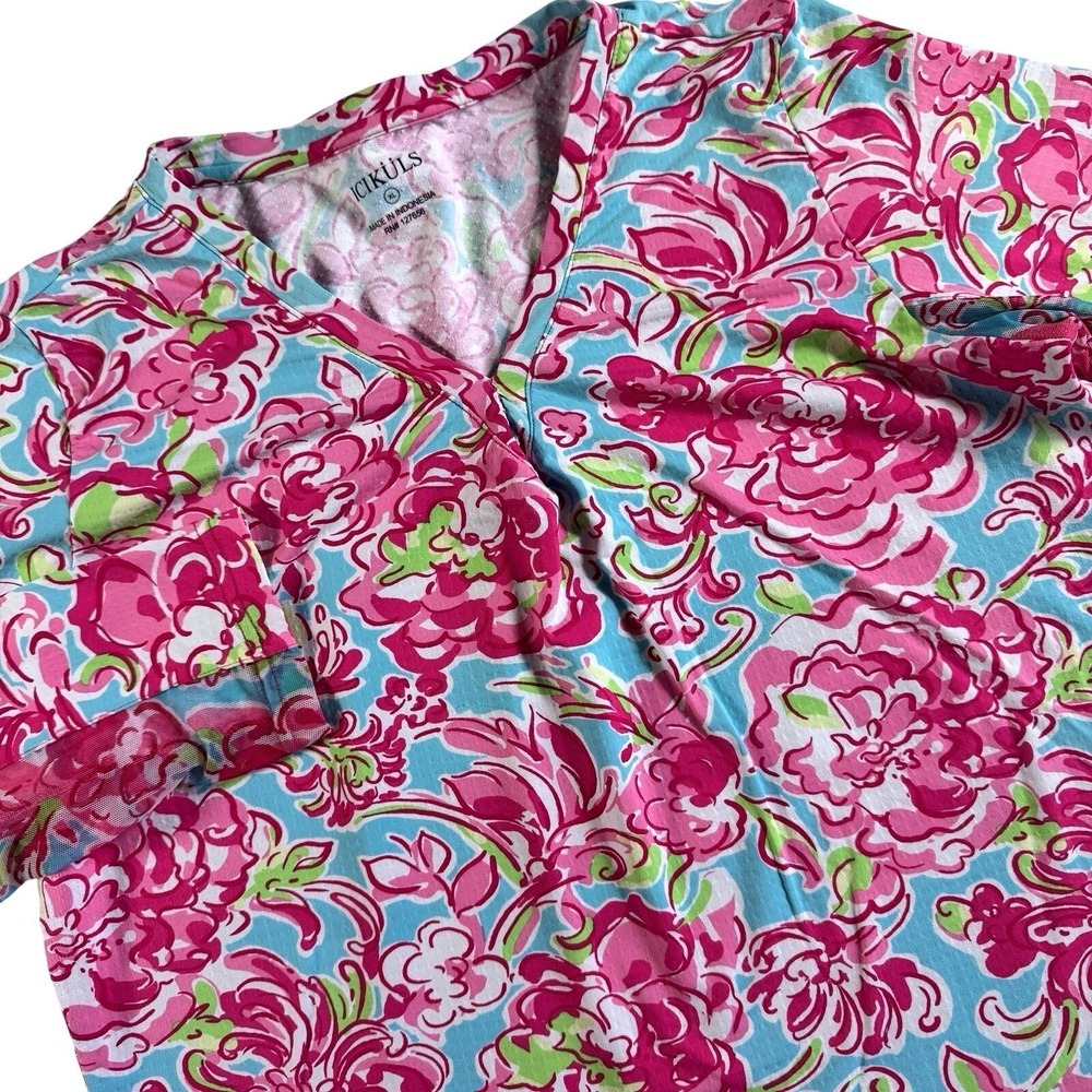 Icikuls Floral V-Neck Sun Shirt Women XL‎ Pink Blue Long Sleeve Mesh Panels